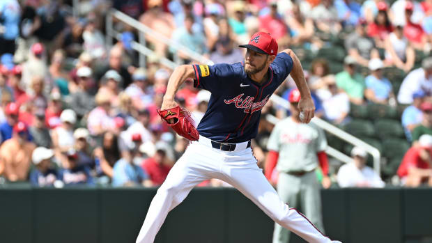 Mar 3, 2024; North Port, Florida, USA; Atlanta Braves pitcher Chris Sale (51) throws a pitch in the first inning of the spring training game against the Philadelphia Phillies at CoolToday Park.